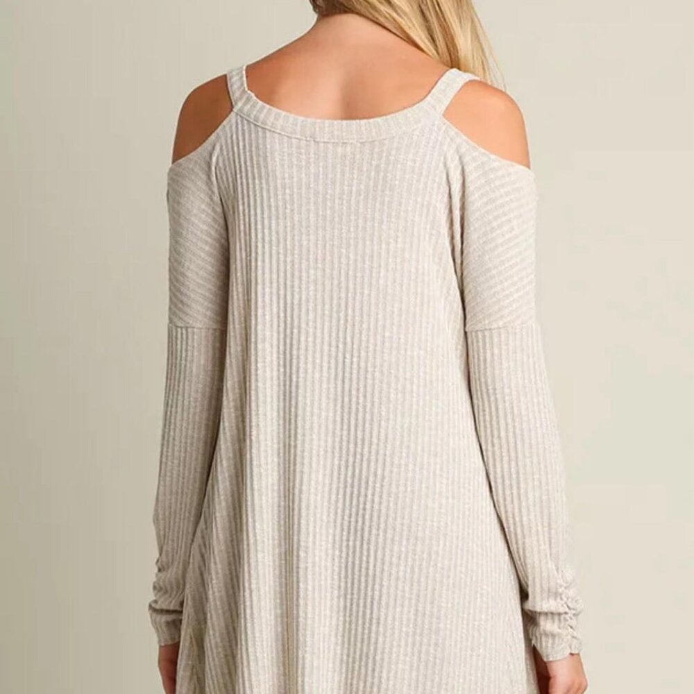 Umgee Sweater Womens Cold Shoulder Ribbed Knit High Low Hem Relax Gray L - Picture 2 of 11